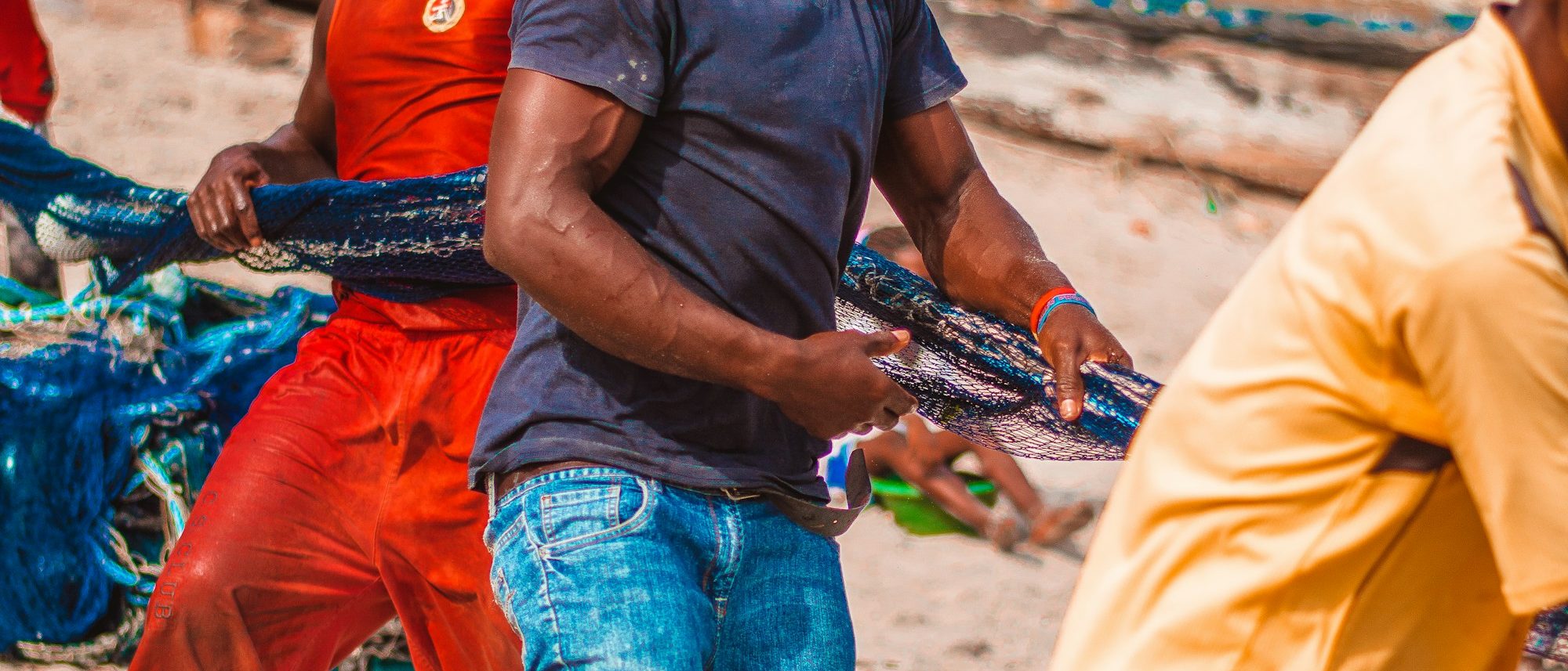 A group of men working together with their hands, hauling and lifting side by side in golden light